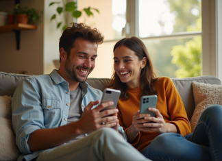Jeune couple en visio appel souriant dans leur salon