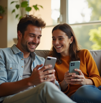 Jeune couple en visio appel souriant dans leur salon