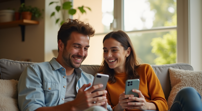 Jeune couple en visio appel souriant dans leur salon