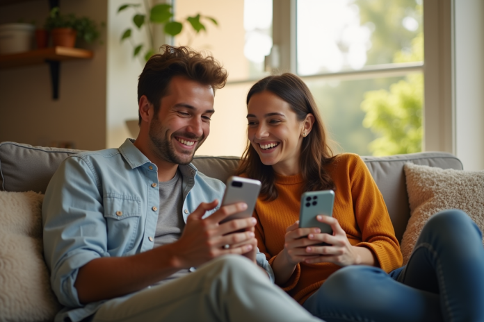 couple-video-appel Jeune couple en visio appel souriant dans leur salon