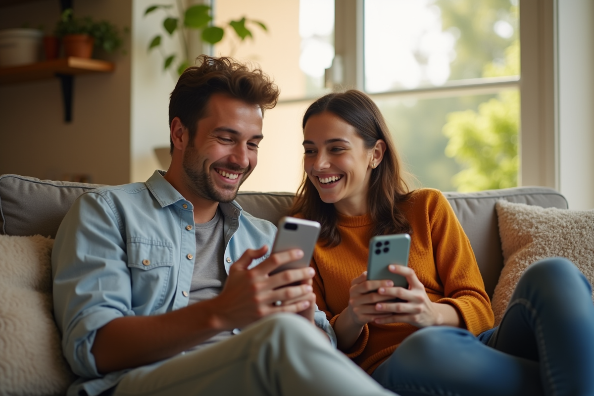 Jeune couple en visio appel souriant dans leur salon