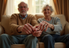 Couple agee tenant main avec alliances sur un sofa lumineux