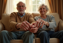 Couple agee tenant main avec alliances sur un sofa lumineux