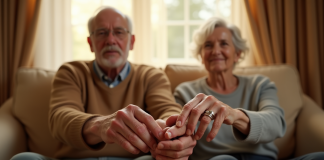 Couple agee tenant main avec alliances sur un sofa lumineux