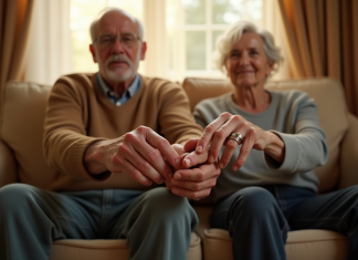 Couple agee tenant main avec alliances sur un sofa lumineux