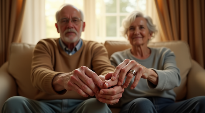 Couple agee tenant main avec alliances sur un sofa lumineux