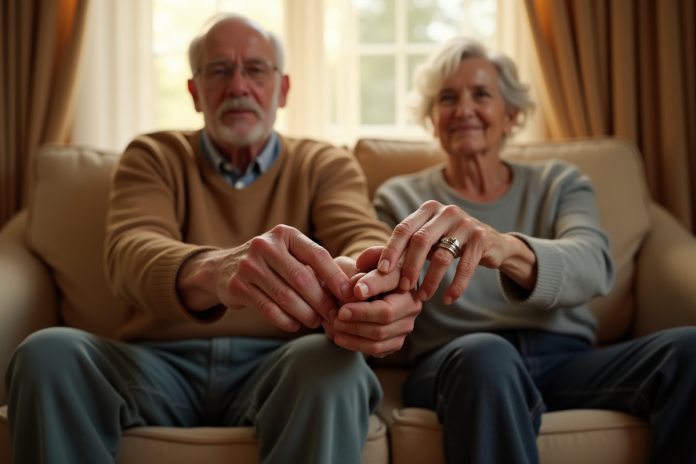 couple-vieux-mains-mariage Couple agee tenant main avec alliances sur un sofa lumineux