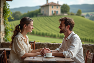 Jeune couple au café avec vignoble en arrière-plan