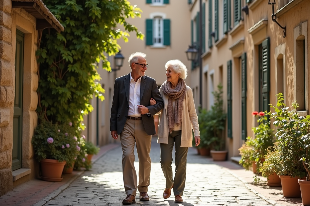 Vieux couple se promenant dans un village medieval de SaintPauldeVence