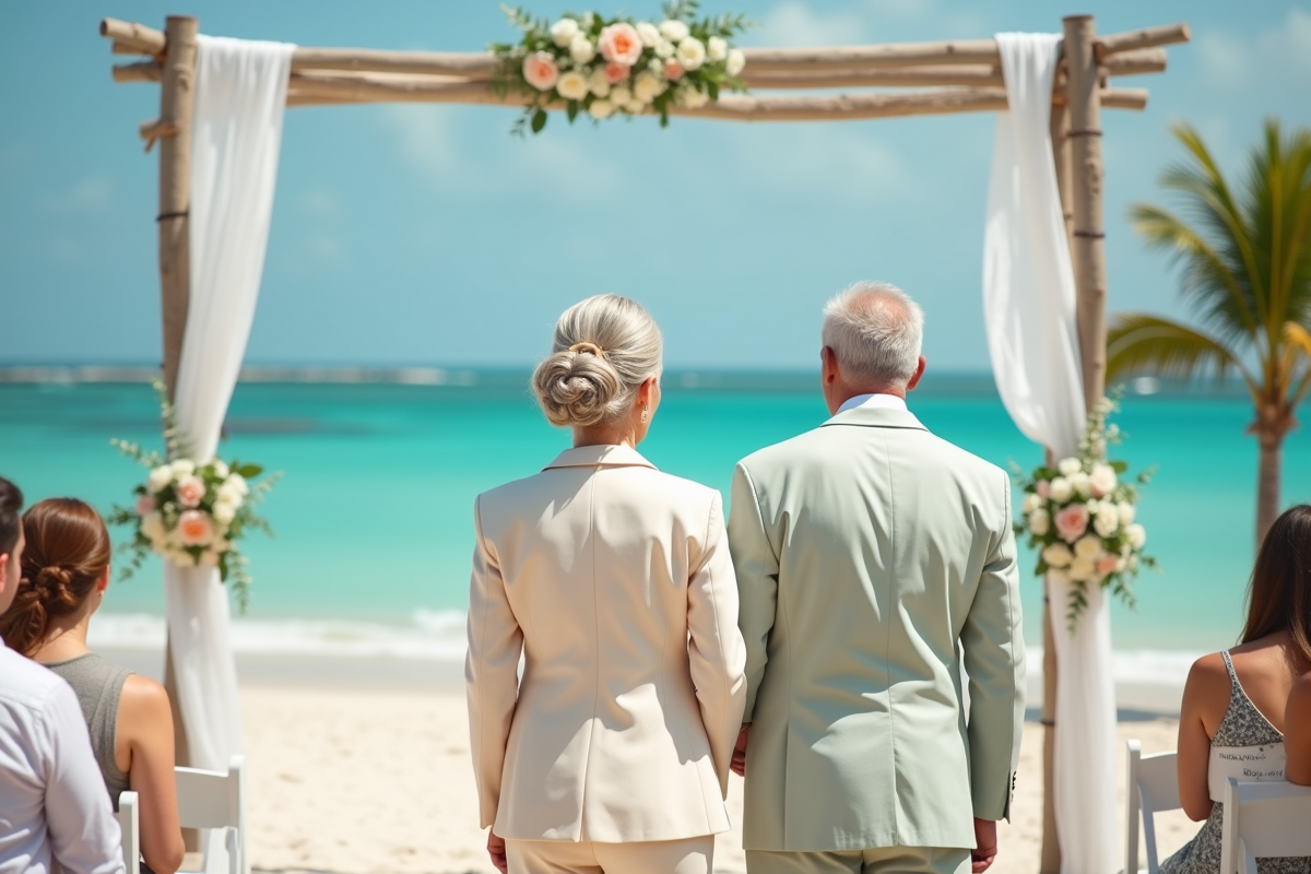 Vieux couple échangeant des vœux sur la plage tropicale