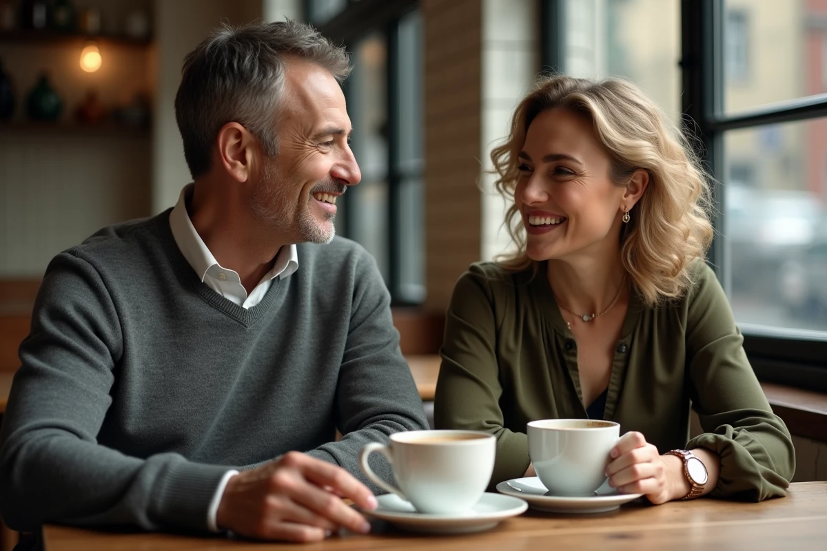 Deux personnes souriantes autour d’un café dans un bistro