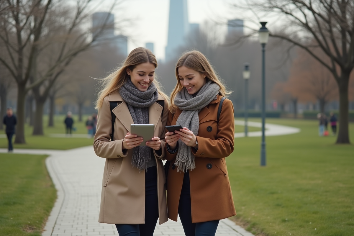 Deux femmes discutant dans un parc urbain en marchant