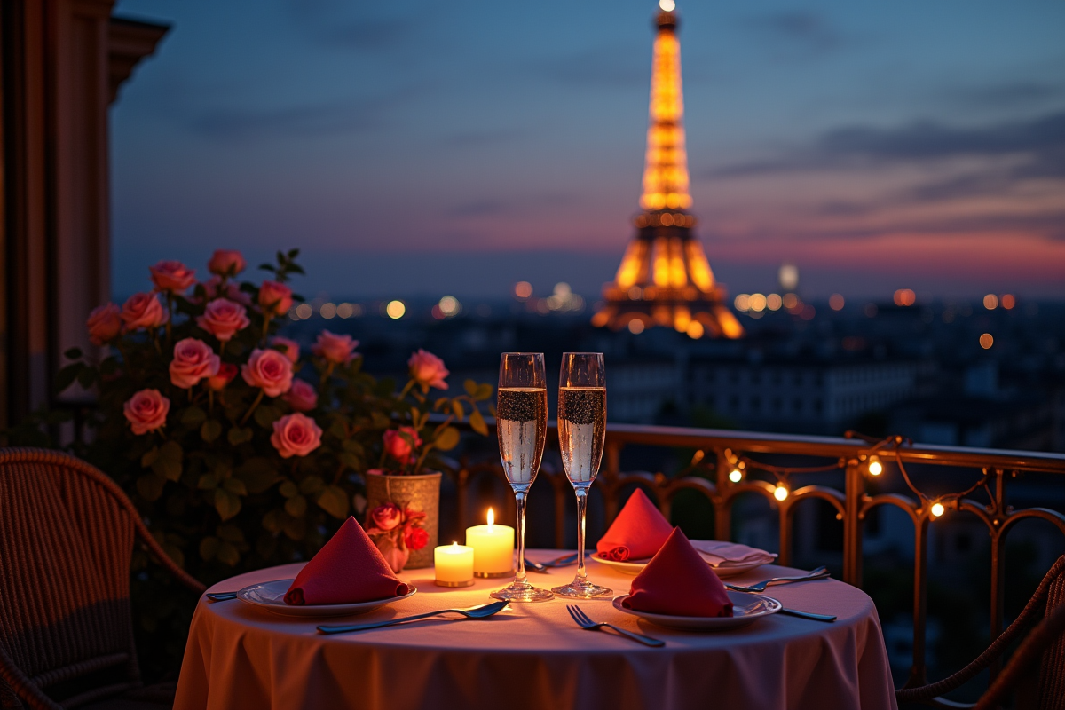 Dîner romantique aux chandelles avec vue sur la tour Eiffel au crépuscule