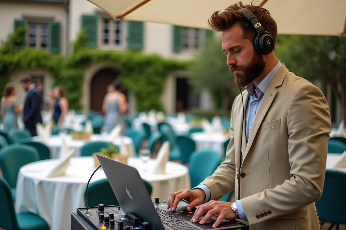 DJ barbu en costume léger animant la réception de mariage