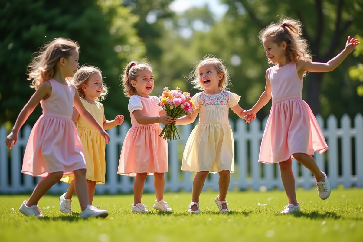 Enfants jouant à la fête dans le jardin ensoleille