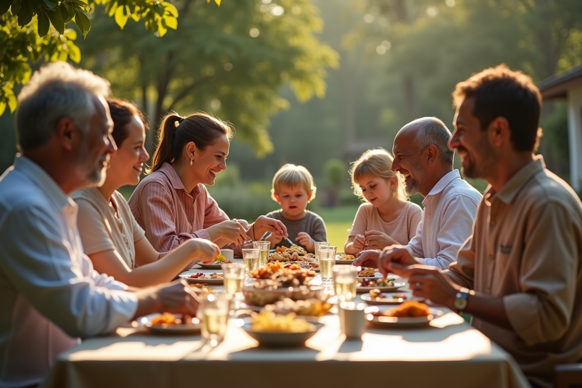 Familles diverses partageant un repas en plein air dans un jardin