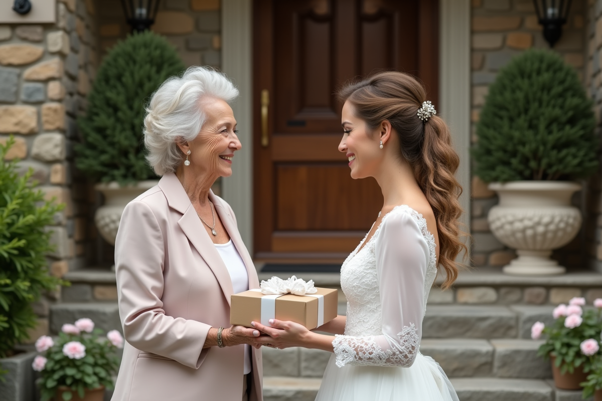 Femme âgée offrant un cadeau de mariage à la mariée dans une maison chaleureuse