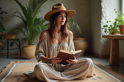 Jeune femme en robe bohème et chapeau dans un salon