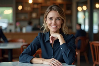 Femme élégante au café touchant sa bague en argent