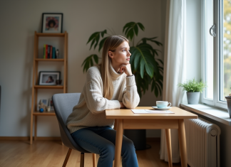 Femme pensant dans son appartement moderne