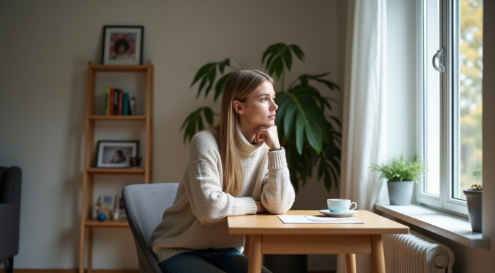 Femme pensant dans son appartement moderne