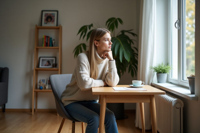 Femme pensant dans son appartement moderne