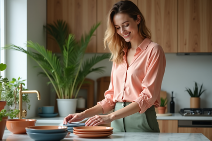 Femme souriante dans une cuisine moderne avec vaisselle colorée