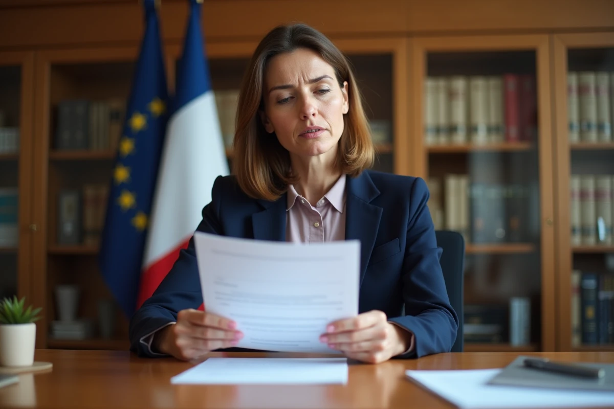 Femme en blazer navy examinant un document officiel dans un bureau moderne