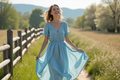 Jeune femme en robe en lin bleu dans un champ ensoleille