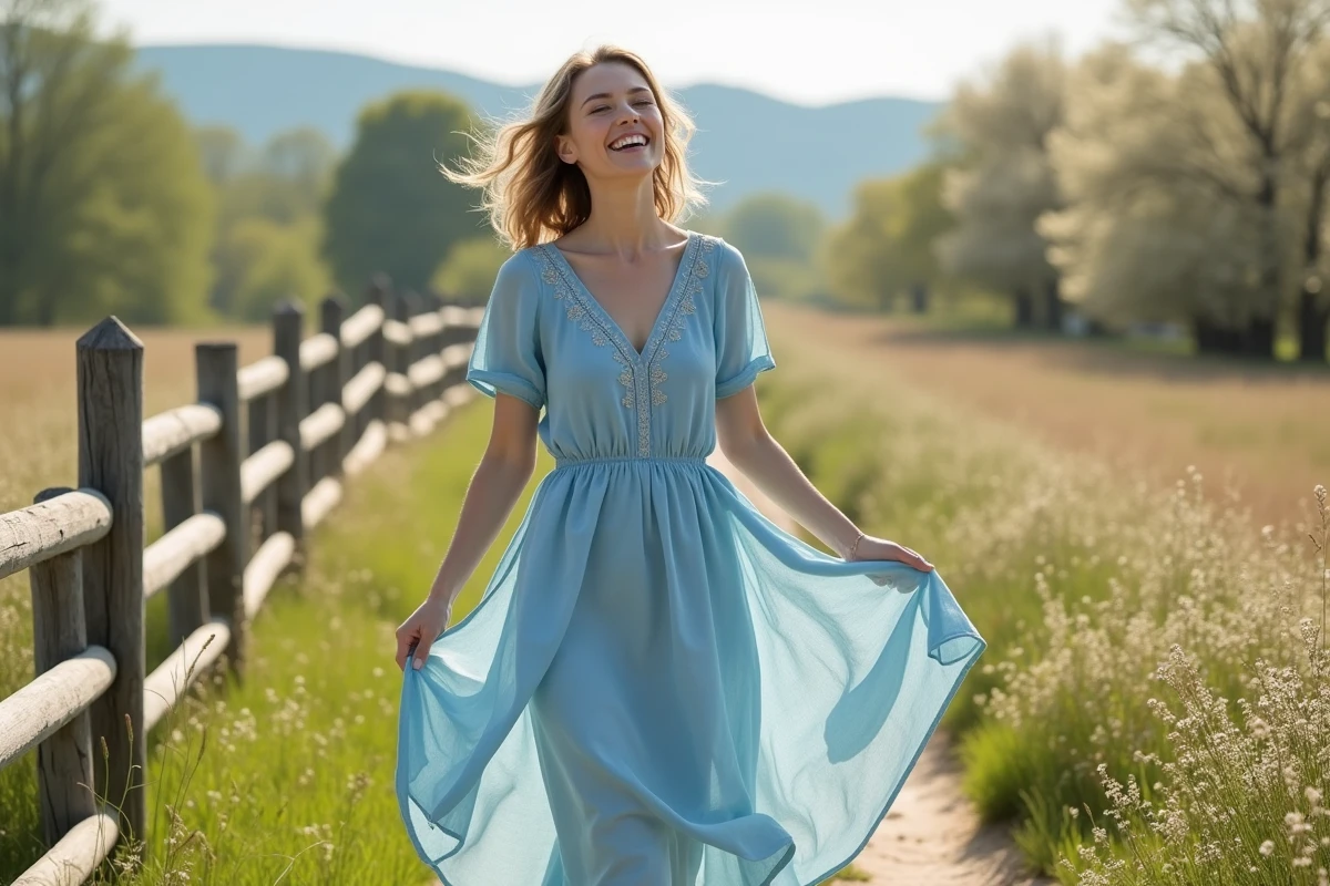 Jeune femme en robe en lin bleu dans un champ ensoleille