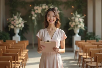 Femme confiante en robe pastel lors d'un mariage