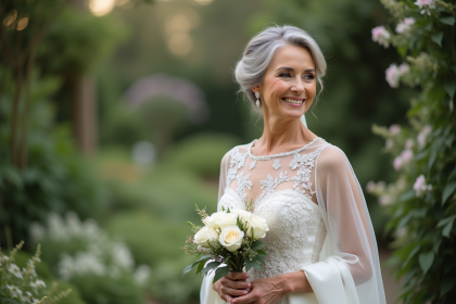 Femme élégante en robe de mariage ivoire dans un jardin