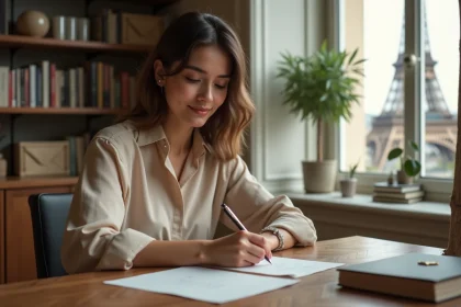 Jeune femme élégante écrivant une save the date à Paris