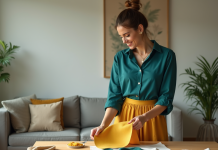 Couleurs qui s’associent parfaitement : Quelle teinte choisir ? Femme élégante compare des tissus dans un salon lumineux