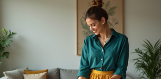 Couleurs qui s’associent parfaitement : Quelle teinte choisir ? Femme élégante compare des tissus dans un salon lumineux