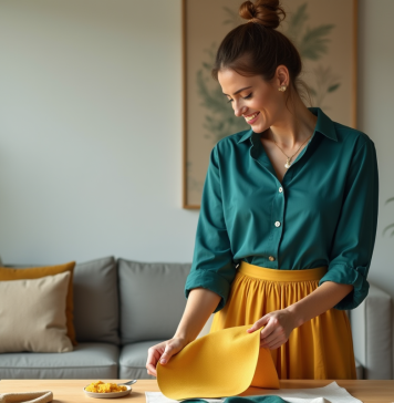 Couleurs qui s’associent parfaitement : Quelle teinte choisir ? Femme élégante compare des tissus dans un salon lumineux