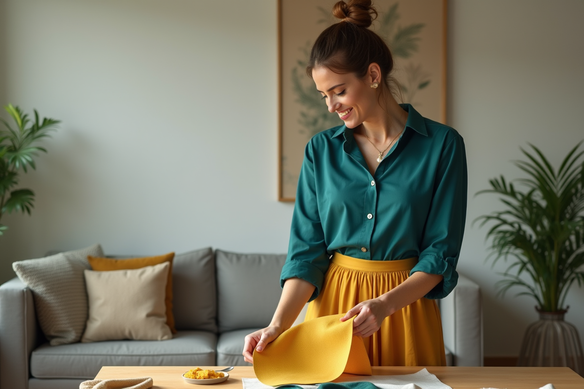 Femme élégante compare des tissus dans un salon lumineux
