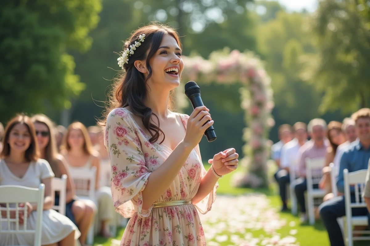 Jeune femme souriante donnant un discours de mariage en extérieur