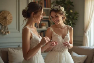 Femme joyeuse en robe de mariée simple en intérieur chaleureux