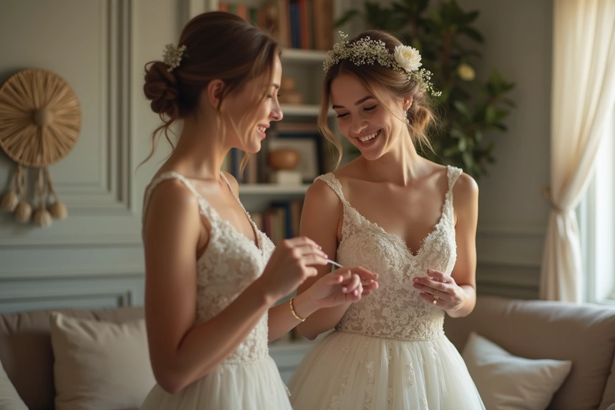 Femme joyeuse en robe de mariée simple en intérieur chaleureux