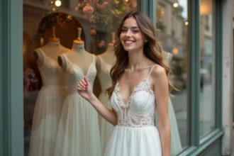 Femme heureuse devant une boutique parisienne en robe de mariage