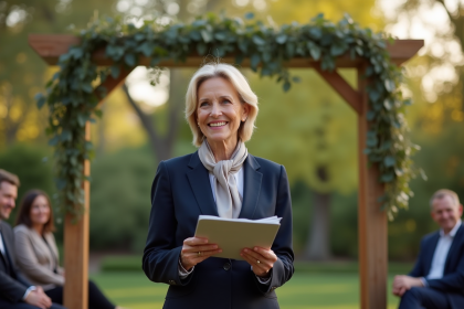 Femme officiante souriante dans un jardin en extérieur