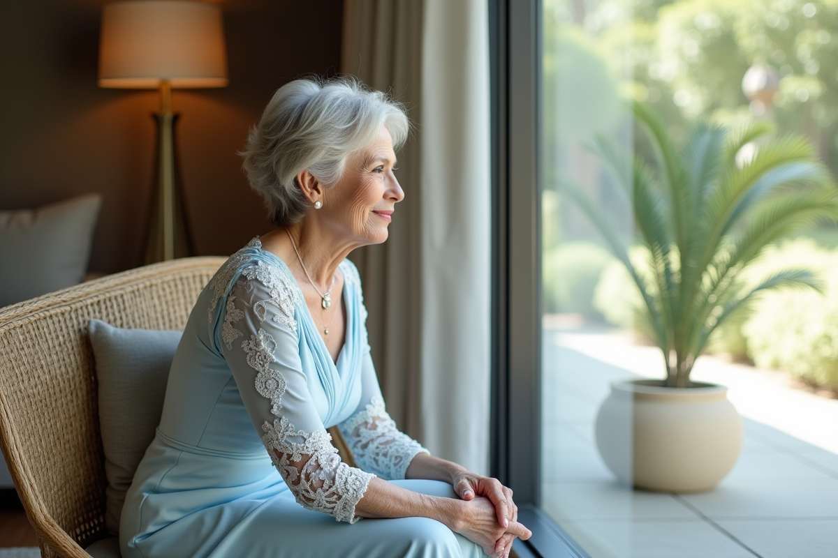 Femme en robe bleue assise près d