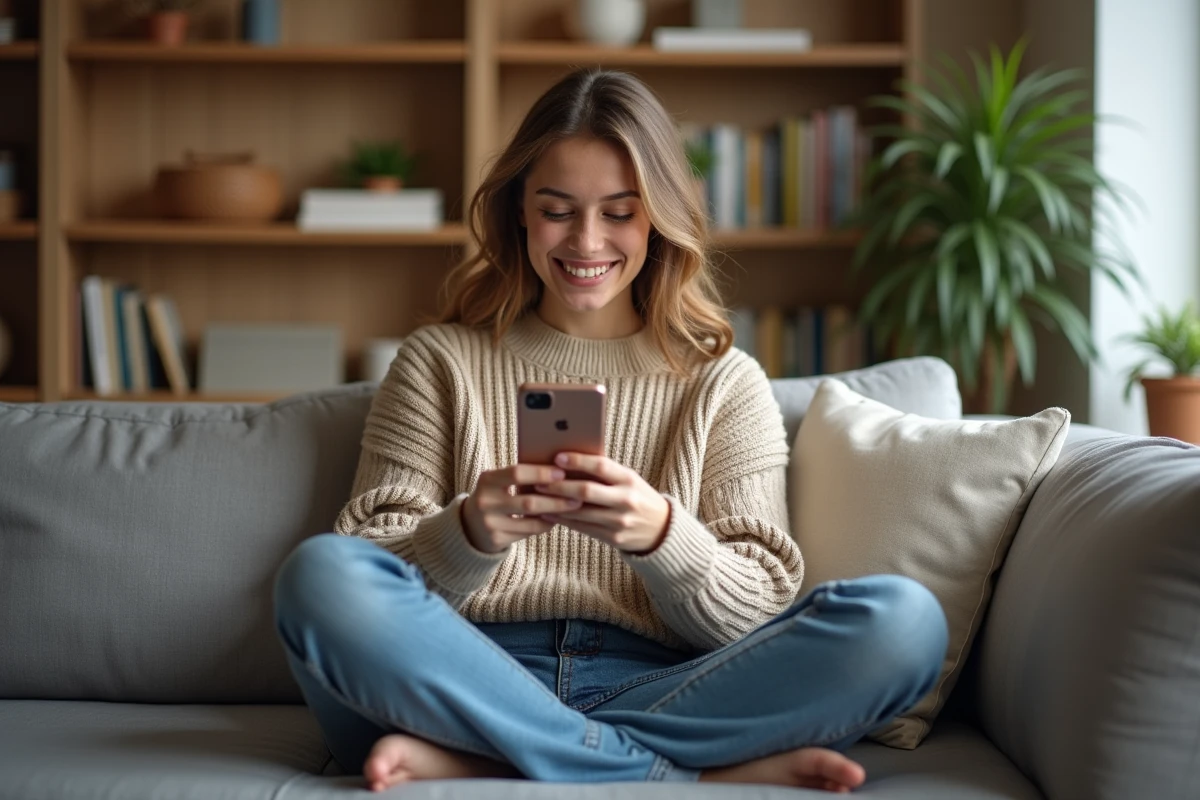 Jeune femme souriante dans un salon cosy et moderne