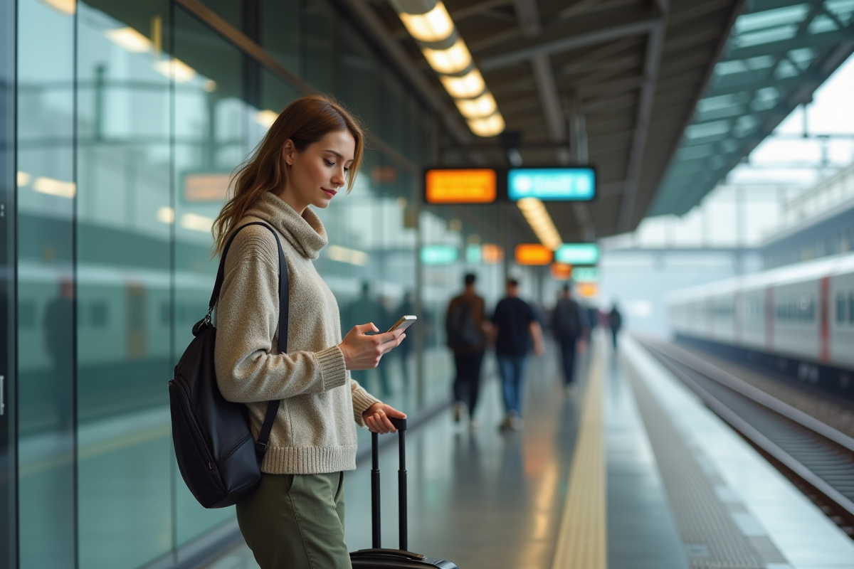 Femme voyageuse regardant son téléphone à la gare