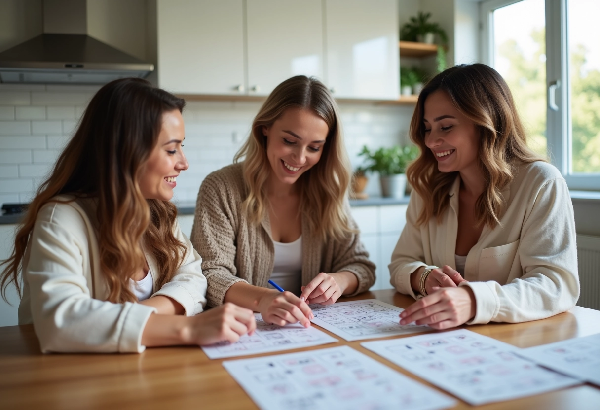 Femmes en loungewear résolvant un puzzle dans une cuisine moderne