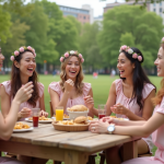 Enterrements de vie de jeune fille : ce qui se passe habituellement lors des festivités ! Groupe de femmes en pastel lors d'un pique-nique festif