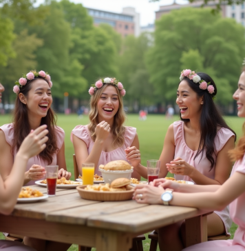 Enterrements de vie de jeune fille : ce qui se passe habituellement lors des festivités ! Groupe de femmes en pastel lors d'un pique-nique festif