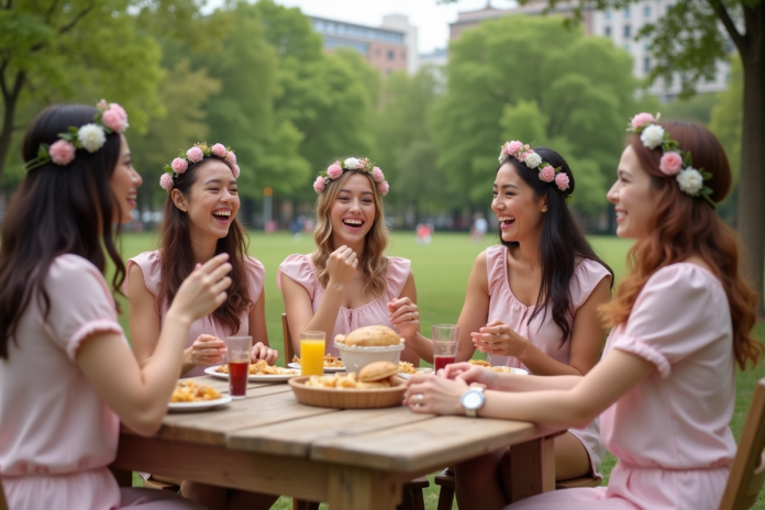 Groupe de femmes en pastel lors d'un pique-nique festif