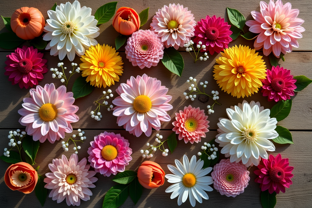 Fleurs de mariage colorées sur une table en bois rustique
